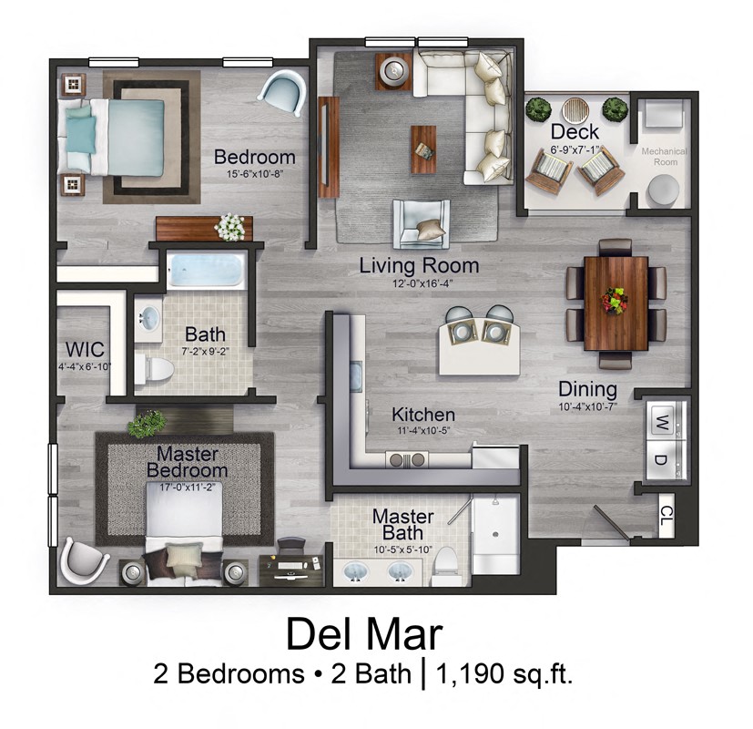 Floor plan for 2 beds, 2 baths, 1190 sqft